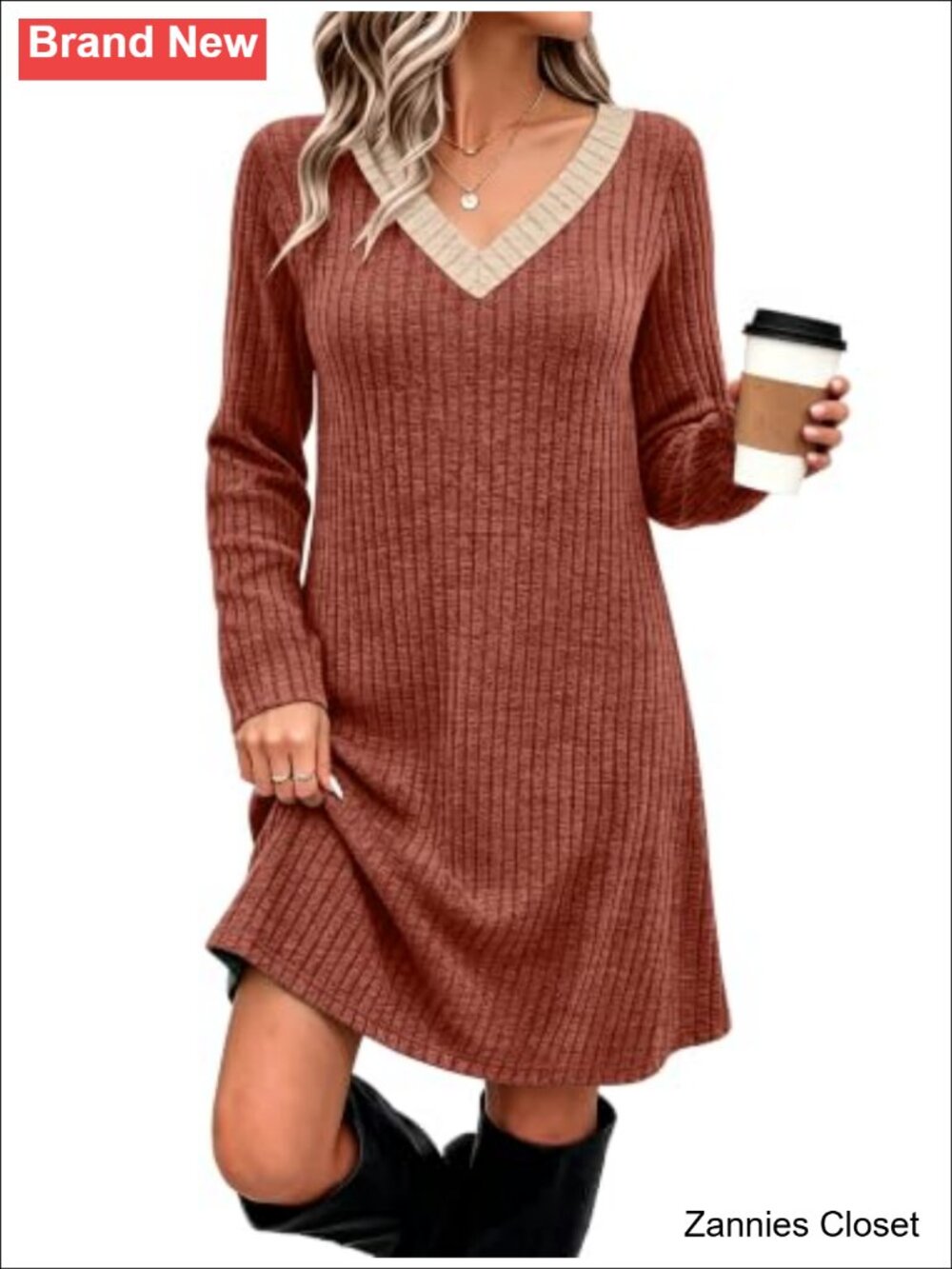 👻 OFEEFAN Color Block V Neck Long Sleeve Sweater Dress Fall Casual Ribbed Knit
